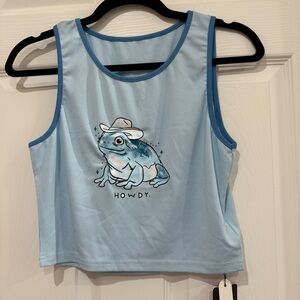 Light Blue Stretchy Ribbed Tank with Adorable Cowboy Frog NWT
